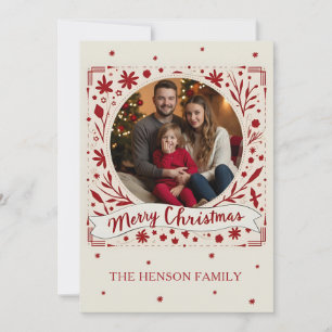Cartão De Festividades Foto de Natal da Família Alegre Vermelha Floral El