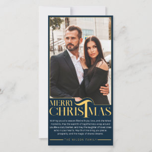 Cartão De Festividades Foto de Natal da Família Azul e Dourado Elegante