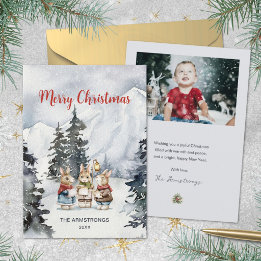 Cartão De Festividades Foto de Natal da Família Carolers Bunny em Aquarel