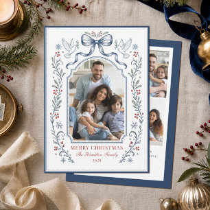 Cartão De Festividades Foto de Natal da Família com Laço Vintage Elegante