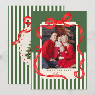 Cartão De Festividades Foto de Natal da Família com Listra Verde e Laço V