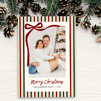 Cartão De Festividades Foto de Natal da Família com Listras Simples Moder