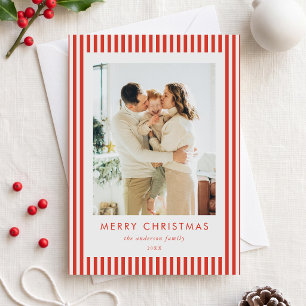 Cartão De Festividades Foto de Natal da Família com Listras Vermelhas Mod