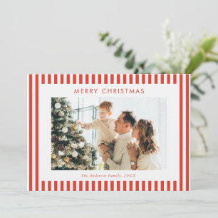 Cartão De Festividades Foto de Natal da Família com Listras Vermelhas Mod