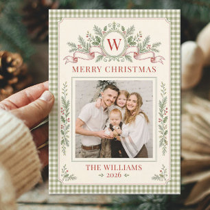 Cartão De Festividades Foto de Natal da Família com Monograma Gingham Vin
