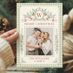 Cartão De Festividades Foto de Natal da Família com Monograma Gingham Vin