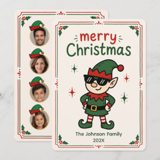 Cartão De Festividades Foto de Natal da Família de Elfo Divertida