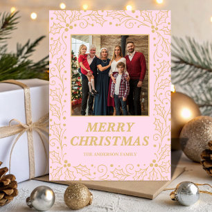Cartão De Festividades Foto de Natal da Família em Rosa e Dourado Champag
