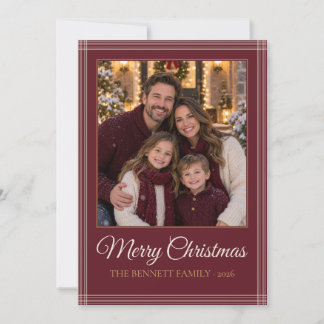 Cartão De Festividades Foto de Natal da Família em Xadrez Borgonha Feliz