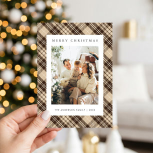 Cartão De Festividades Foto de Natal da Família em Xadrez Marrom Moderno