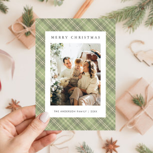Cartão De Festividades Foto de Natal da Família em Xadrez Verde Oliva Mod