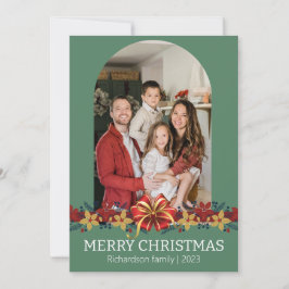 Cartão De Festividades Foto de Natal da Família Floral Simples e Elegante