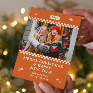 Cartão De Festividades Foto de Natal da Família Laranja Retro