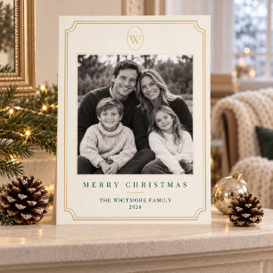 Cartão De Festividades Foto de Natal da Família Monograma em Marfim e D