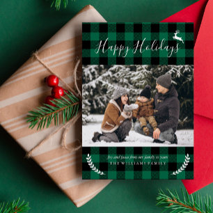 Cartão De Festividades Foto de Natal da família rustic Green Xadrez