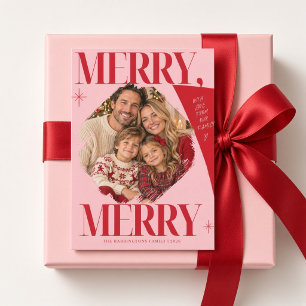 Cartão De Festividades Foto de Natal da Família Vermelha e Rosa Moderna e