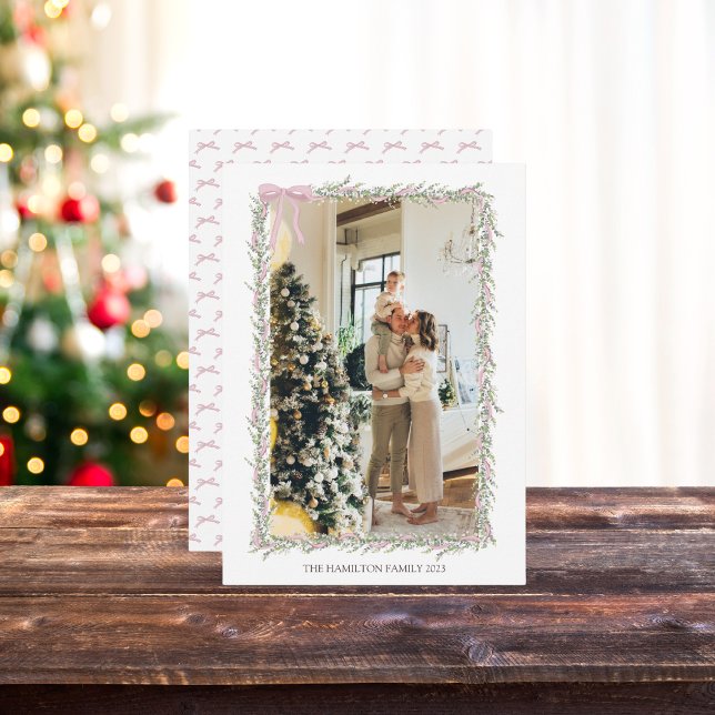 Cartão De Festividades Foto de Natal da Garland Verde, Arco rosa (Criador carregado)