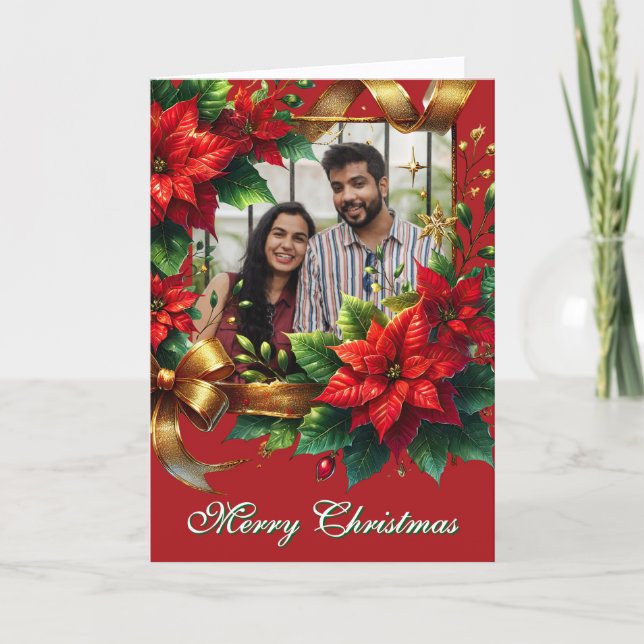 Cartão De Festividades Foto de Natal da Red Poinsettia (Frente)