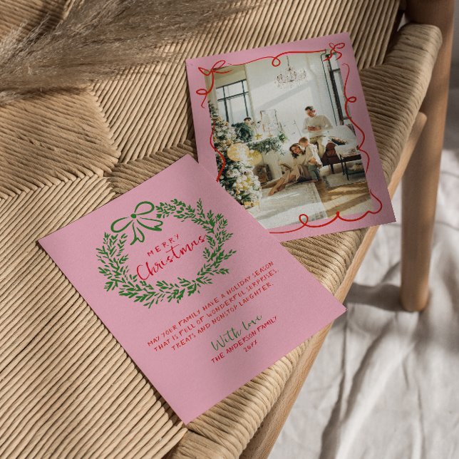 Cartão De Festividades Foto de Natal da Terra Verde Rosa Vermelha Desenha (Criador carregado)