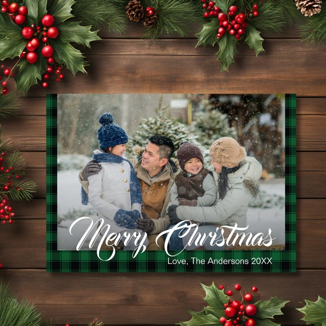 Cartão De Festividades Foto de Natal da Xadrez Rustic Green Tartan Buffal (Rustic Green Tartan Buffalo Plaid Christmas Photo Holiday Card)
