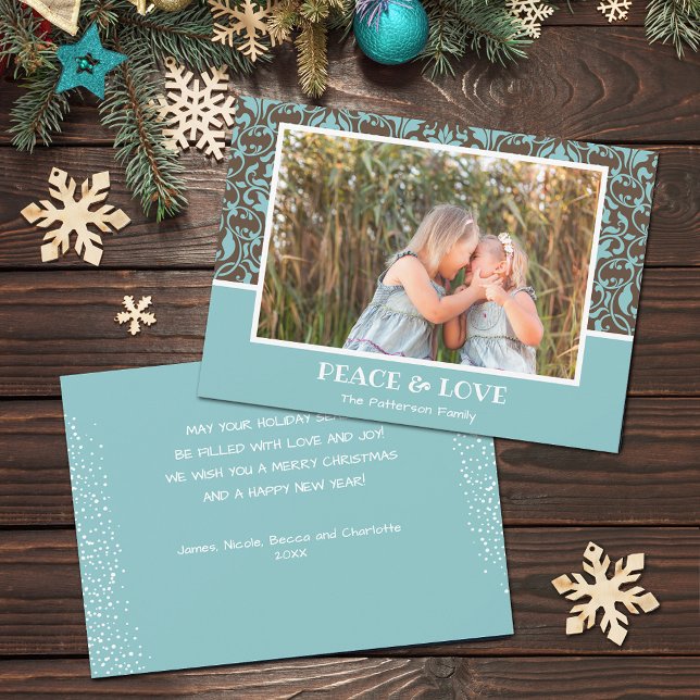 Cartão De Festividades Foto de Natal Damask Aqua Brown (Turquoise and brown damask design Christmas photo holiday cards, PRINTED and/or INSTANT DOWNLOAD)