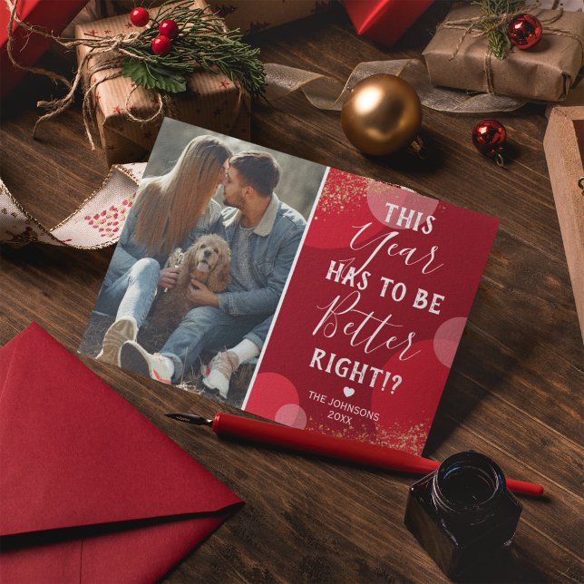 Cartão De Festividades Foto de Natal de Ano Melhor Vermelho (Criador carregado)