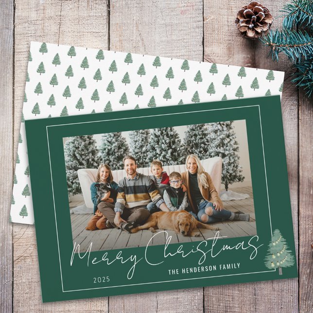 Cartão De Festividades Foto de Natal de Árvore Festiva Moderna de Aquarel (Modern watercolor festive tree & lights christmas family photo green & white holiday greeting card)