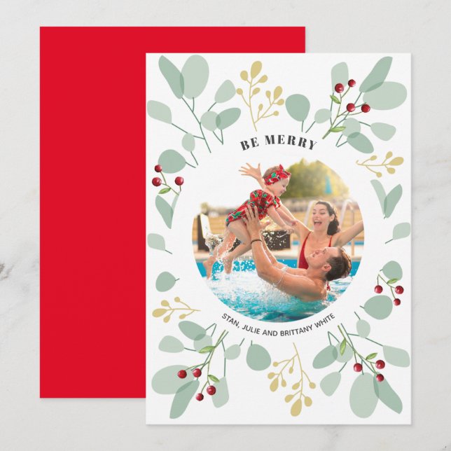 Cartão De Festividades Foto de Natal de Berries e Eucalyptus (Frente/Verso)