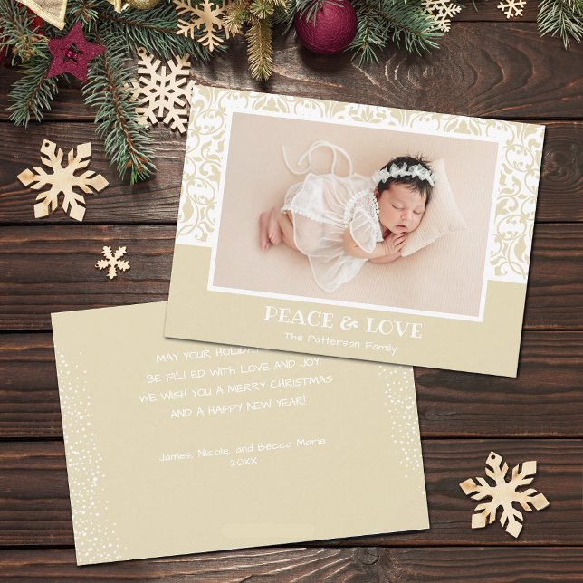 Cartão De Festividades Foto de Natal de Cream e Damasco Branco (Cream and white damask design Christmas photo holiday cards, PRINTED and/or INSTANT DOWNLOAD)