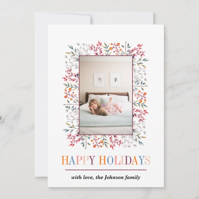 Cartão De Festividades Foto de Natal de Feliz Natal de Berry leaf burgund (Frente)