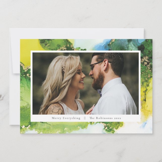 Cartão De Festividades Foto de Natal de Férias de Tinta Verde Moderna (Frente)