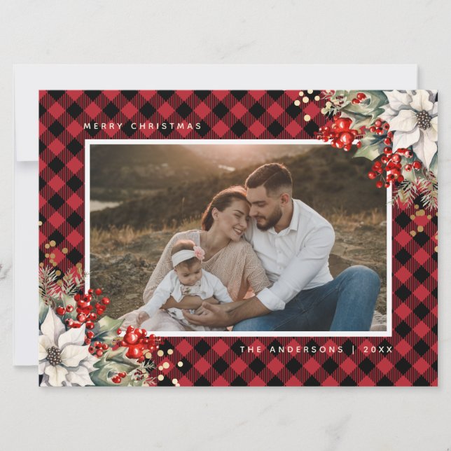 Cartão De Festividades Foto de Natal de Frutas de Holly Poinsettia Vermel (Frente)
