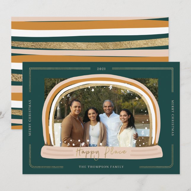 Cartão De Festividades Foto de Natal de Happy Place Modern Snow Globe (Frente/Verso)