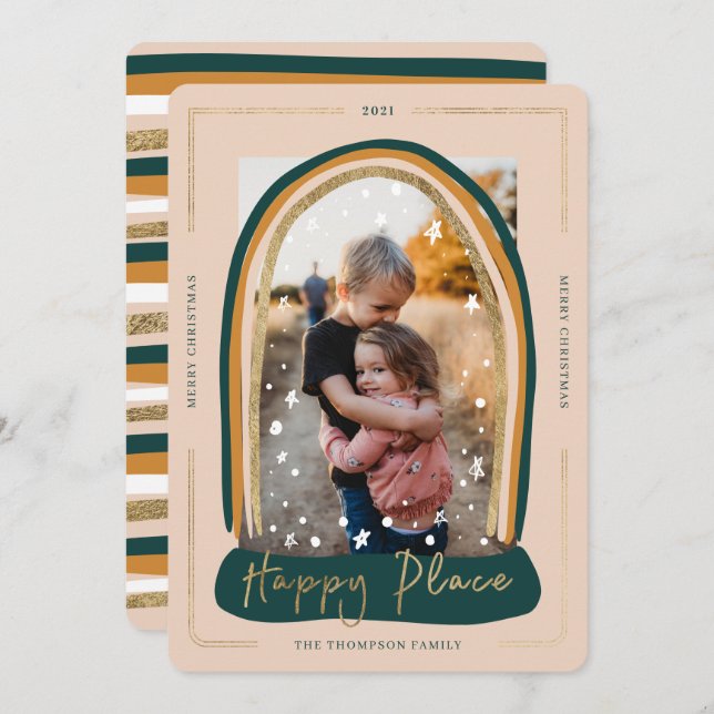 Cartão De Festividades Foto de Natal de Happy Place Modern Snow Globe (Frente/Verso)