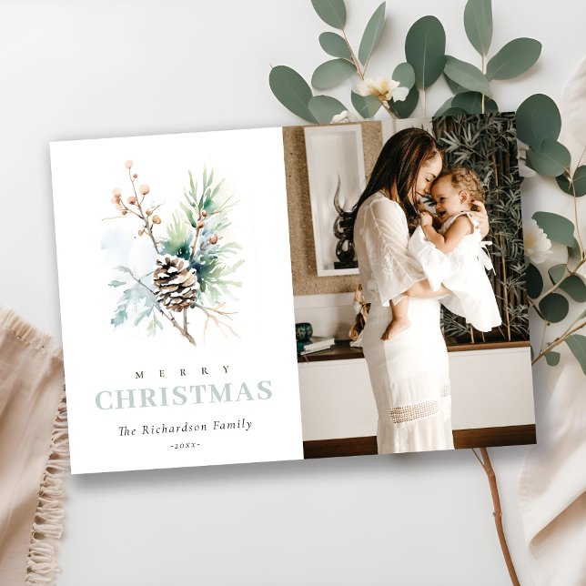 Cartão De Festividades Foto de Natal de Inverno com Aguarela de Pinha e F (Criador carregado)