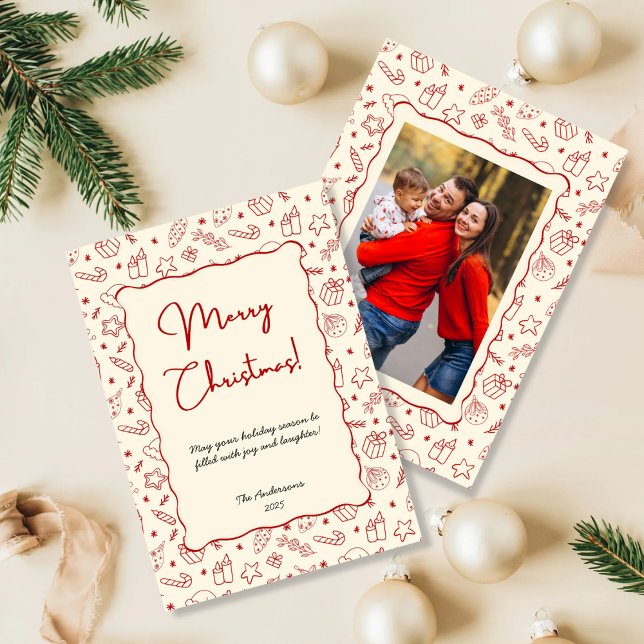 Cartão De Festividades Foto de Natal de Mão Desenhada Whimsical Red Doodl (Criador carregado)