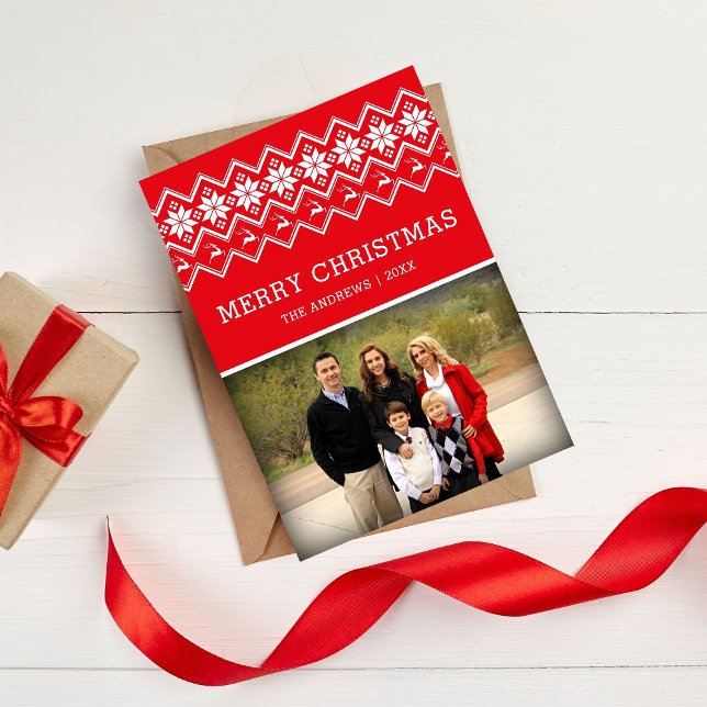 Cartão De Festividades Foto de Natal de Padrão Nórdico Vermelho (Criador carregado)