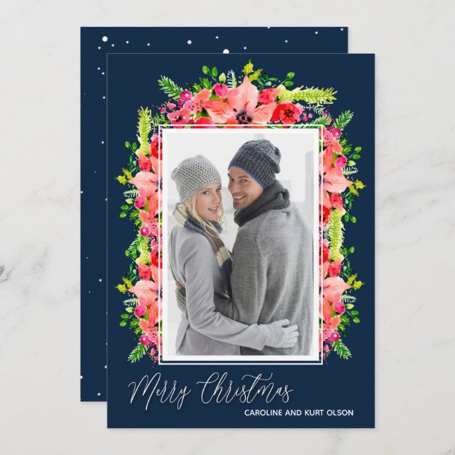 Cartão De Festividades Foto de Natal de Poinsettias (Frente/Verso)