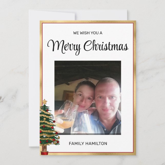 Cartão De Festividades Foto de Natal de Quadro Vermelho e Dourado Flat (Frente)