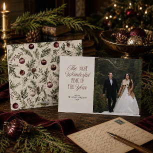 Cartão De Festividades Foto de Natal de Recém-Casados Botânica Borgonha