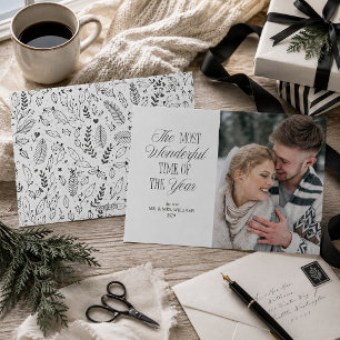 Cartão De Festividades Foto de Natal de Recém-Casados em Preto e Branco M