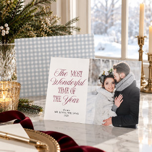 Cartão De Festividades Foto de Natal de Recém-Casados em Xadrez Azul Desb