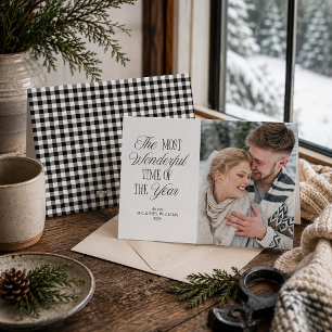Cartão De Festividades Foto de Natal de Recém-Casados em Xadrez Preto e B