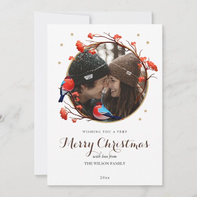 Cartão De Festividades Foto de Natal de Robin Birds Berries (Frente)