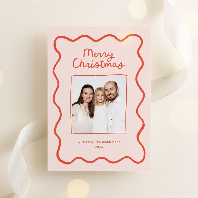 Cartão De Festividades Foto de Natal Desenhada Por Mão Escavada Na Fronte (whimsical, quirky Christmas photo card with hand drawn doodle border in orange)