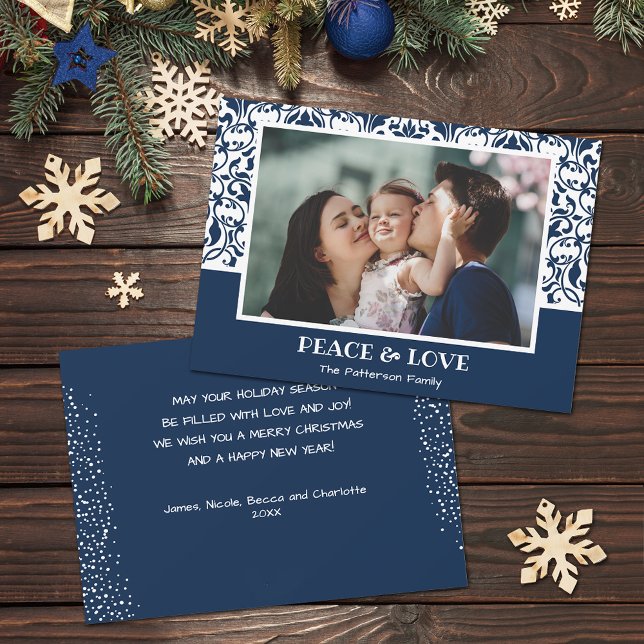 Cartão De Festividades Foto de Natal do Damasco Branco e Azul marinho (Navy blue and white damask design Christmas photo holiday cards, PRINTED and/or INSTANT DOWNLOAD)