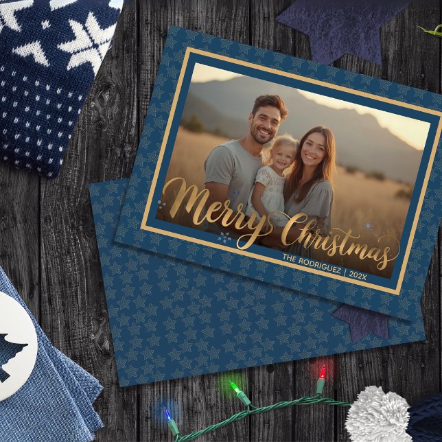 Cartão De Festividades Foto de Natal do Elegante Marinho Azul e Estrelas  (Elegant Navy Blue and Gold Stars Christmas Photo Holiday Card)