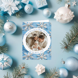 Cartão De Festividades Foto de Natal do Floco de Neve Azul-Cinzento-Bonit