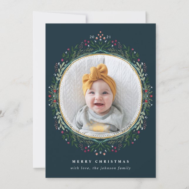 Cartão De Festividades Foto de Natal do Folk Wildflower desenhado à mão (Frente)