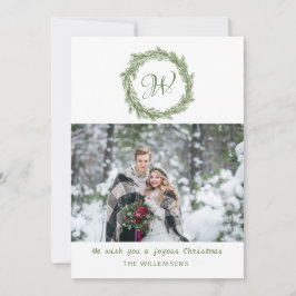 Cartão De Festividades Foto de Natal do Monograma Pine Wreath